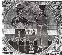 Сундук-подголовок с изображением Садко и девушки Чернавы.Северная Двина, XVII в.